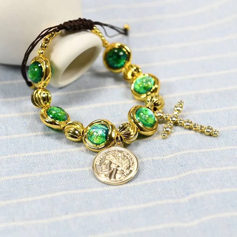 Gold Plated Green Murano Glass Cross & Coin Charm Bracelet for Women