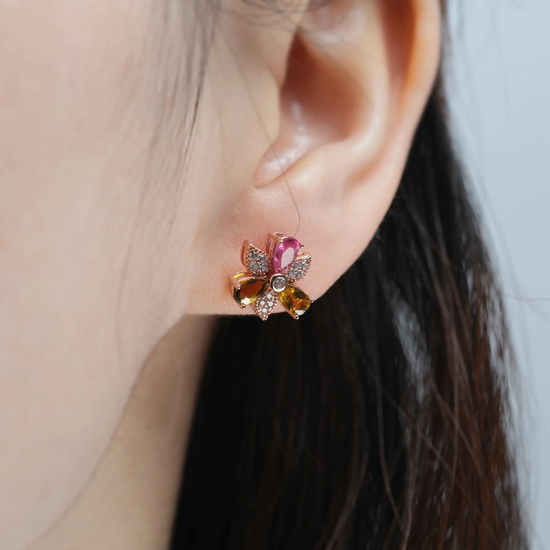 925 Sterling Silver Flower Windmill Stud Earrings with Tourmaline & Cubic Zircon for Women