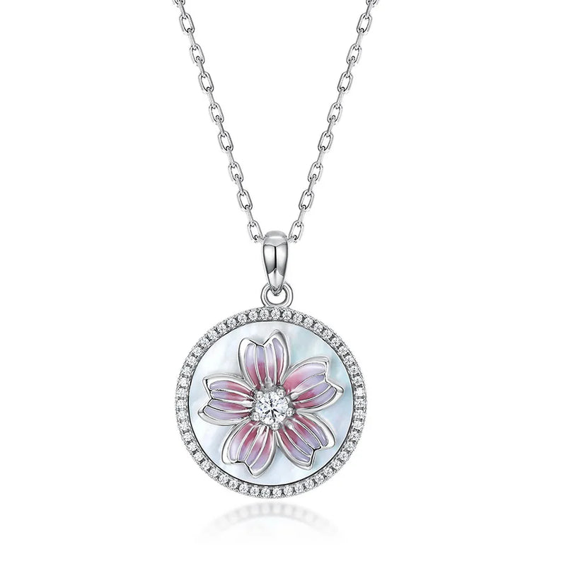 925 Sterling Silver Zircon Enamel Flower Pendant Necklace for Women