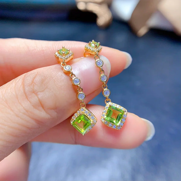 S925 Sterling Silver Natural Olivine Inlay Long Earrings for Women
