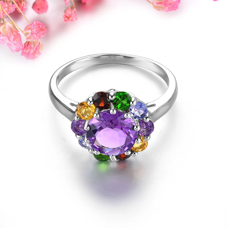 Sterling Silver 2.9 ctw Amethyst, Citrine, Garnet, Diopside Rings for Women