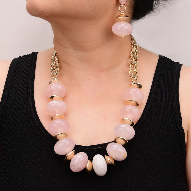 Gold Plated 25'' Natural Rose Quartz Rondelle Beads Necklace & Earrings Set for Lady