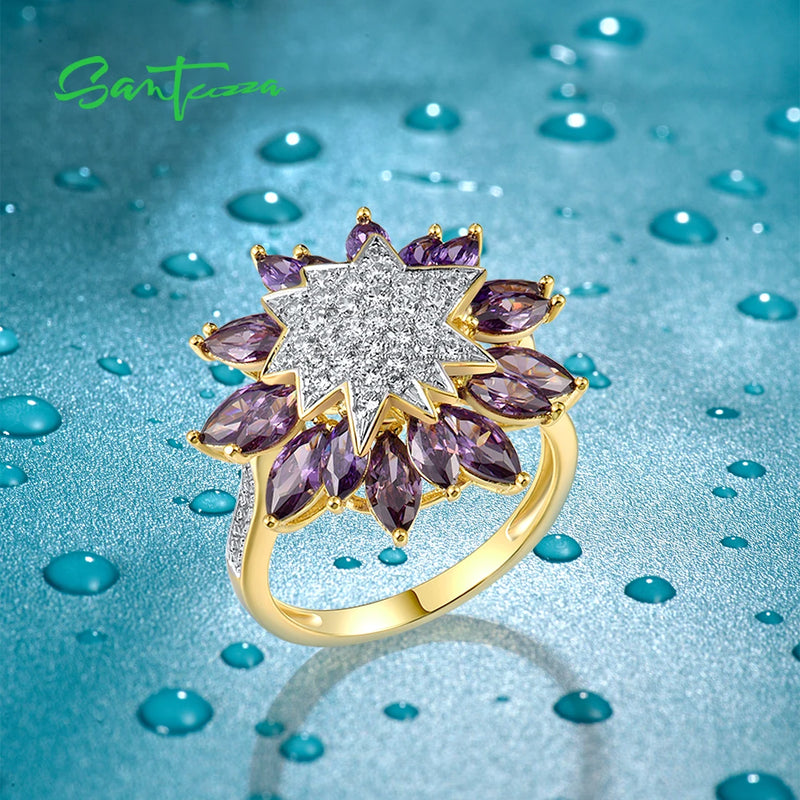 Sterling Silver Purple Sunflower Ring with Cubic Zirconia for Women