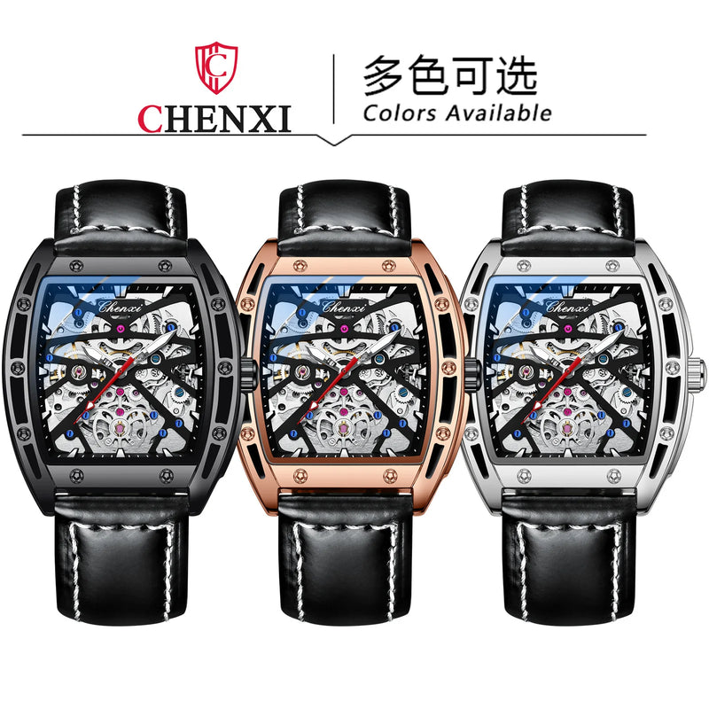 Stainless Steel Leather Barrel Shaped Mechanical Sport Watch for Men