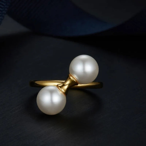 Sterling Silver Gold-Plated Shell Pearl Double Bead Ring for Women