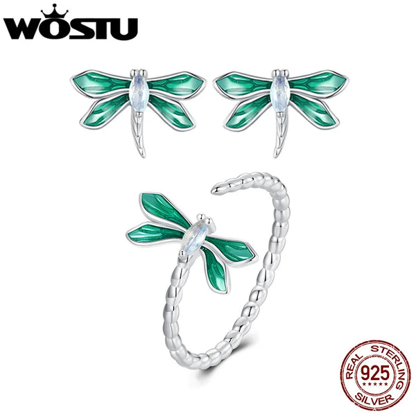 Sterling Silver Green Dragonfly Ring & Earrings Set for Women