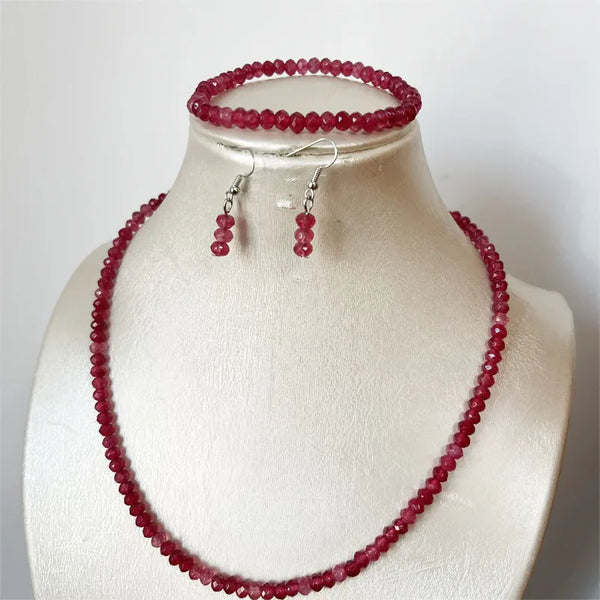 Sterling Silver, Red Ruby Jade Necklace Earrings Bracelet Set for Women