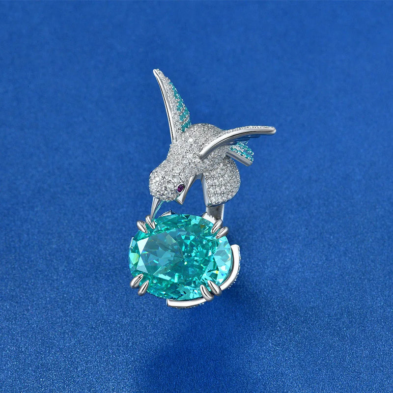 Sterling Silver 6CT Paraiba Tourmaline and Moissanite Hummingbird Ring for Women