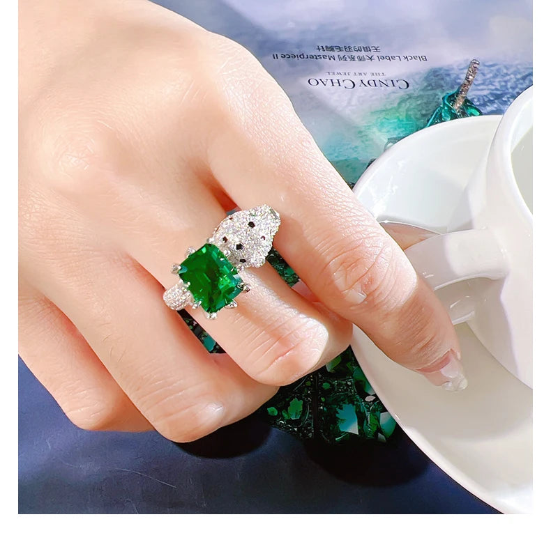 925 Sterling Silver Artificial Emerald and Diamond Leopard Ring Set for Women