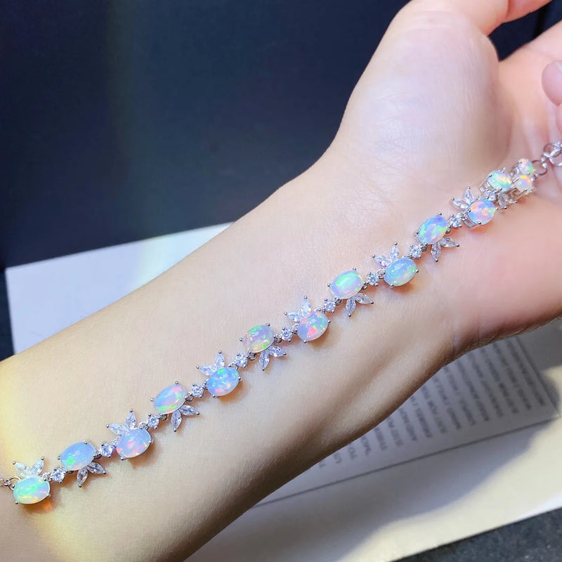 Sterling Silver Inlaid Natural Australia Opal Bracelet Delicate for Women