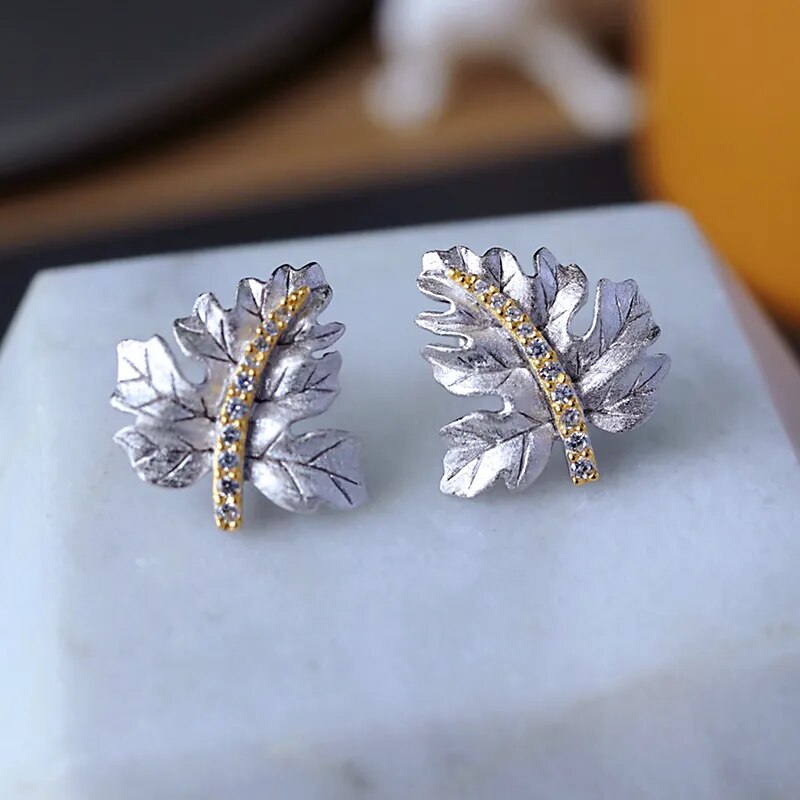 Sterling Silver Maple Leaf Brushed Stud Earrings for Women