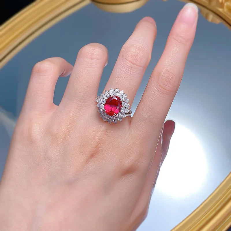 Sterling Silver Pigeon Blood Red Simulation Diamond Flower Cluster Ring for Women