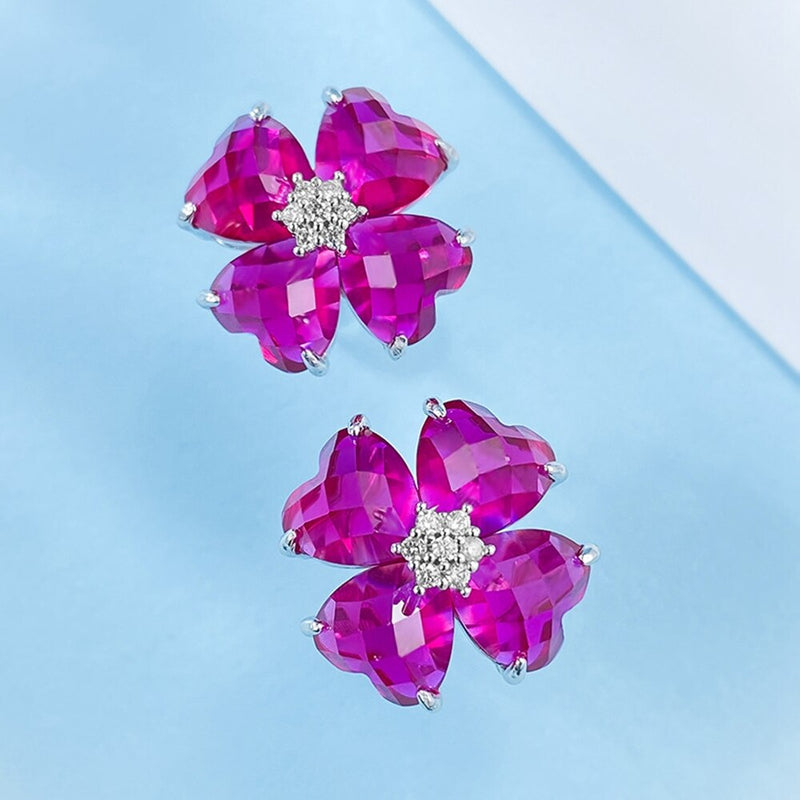 Sterling Silver Flower Ruby and Diamond Earrings for Women