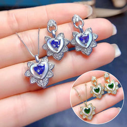 925 Silver Tanzanite/Diopside Heart Pendant Earrings Set for Women