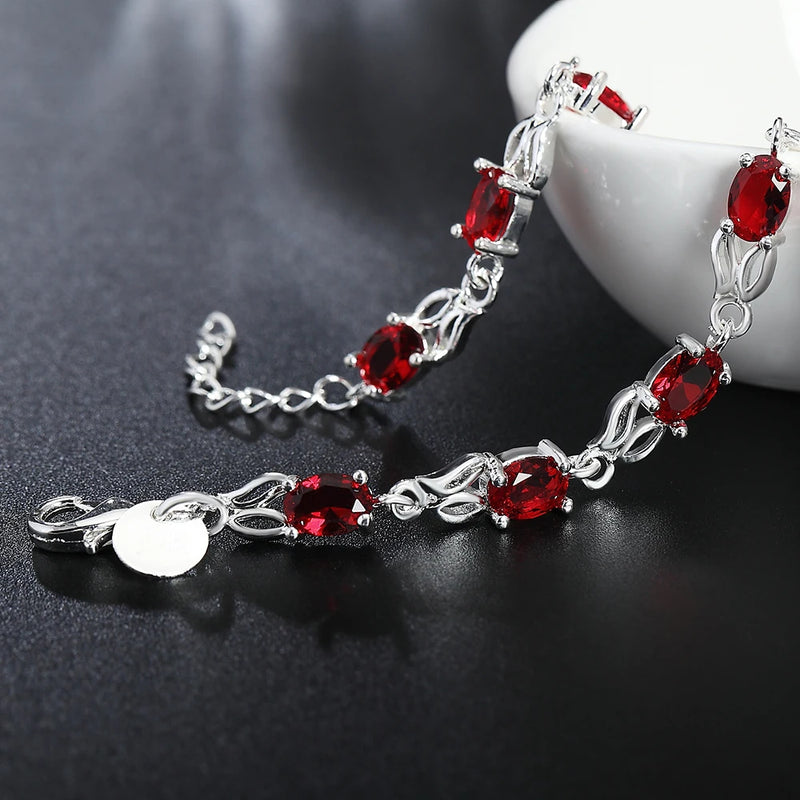 Sterling Silver Wild Red Crystal Chain Bracelet for Women