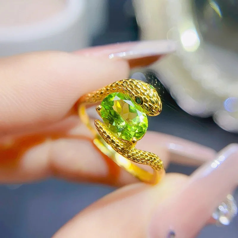 925 Sterling Silver Peridot Snake Ring for Women