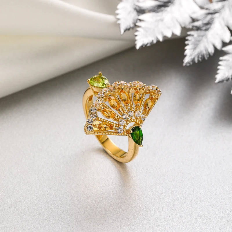 925 Sterling Silver Fan Skirt Rings with 1ctw Natural Citrine and Peridot Mixed Gems 14K Gold Plated, for Women