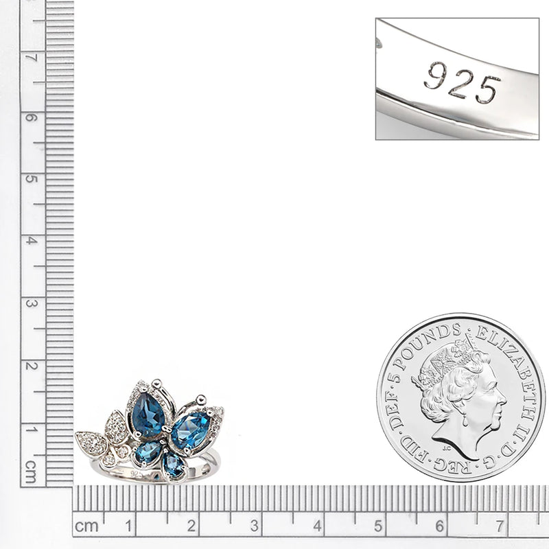 925 Sterling Silver Blue Butterfly Rings with 2ct Gems and Natural London Blue Topaz for Women