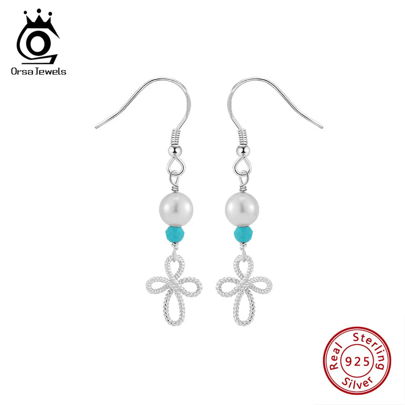 S925 Silver Turquoise & Shell Pearl Flower Dangle Earrings, for Women