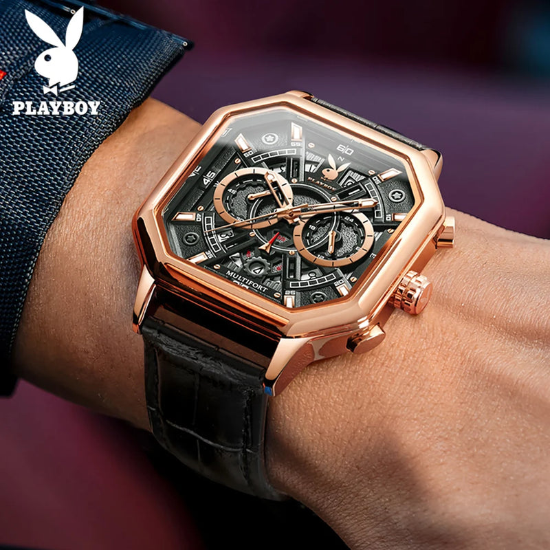 Stainless Steel Leather Strap Multifunction Quartz Watch for Men.