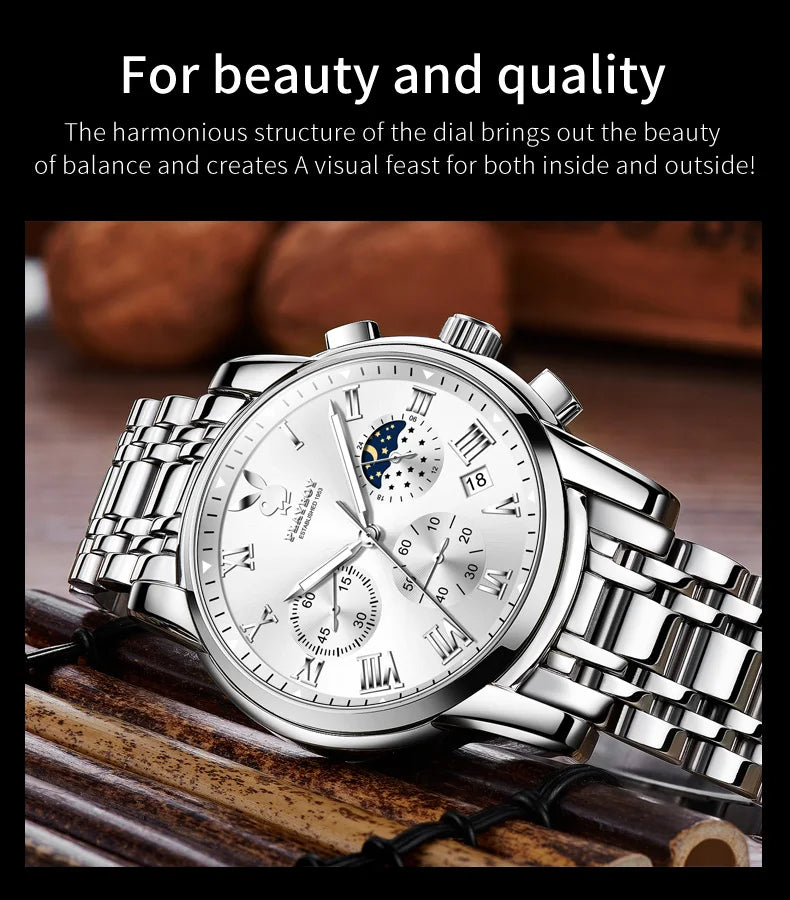 Stainless Steel Quartz Watch with Moon Phase for Men