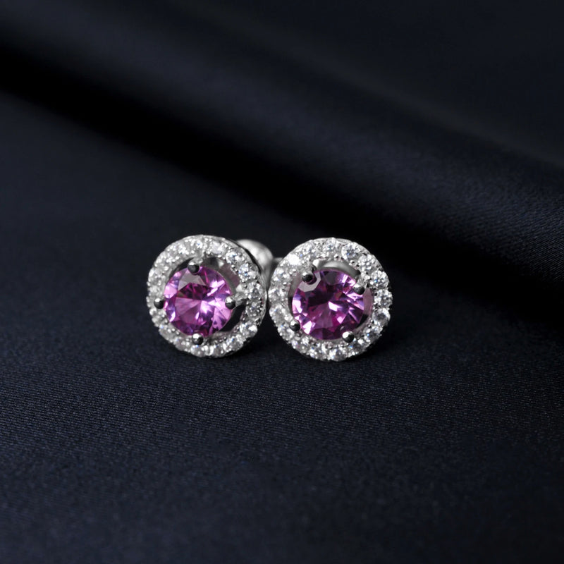 925 Sterling Silver Round Pink Sapphire Stud Earrings for Women