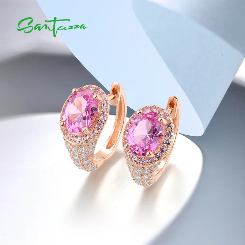 925 Sterling Silver White CZ & Pink Sapphire Hoop Earrings for Women