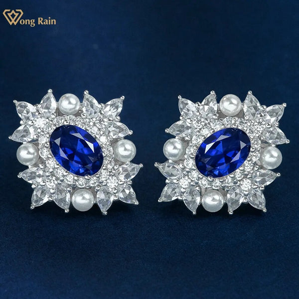 Wong Rain Vintage 18K Gold Plated 925 Sterling Silver Oval Cut 2CT Sapphire Ruby Emerald Pearl Gemstone Studs Earrings Jewelry