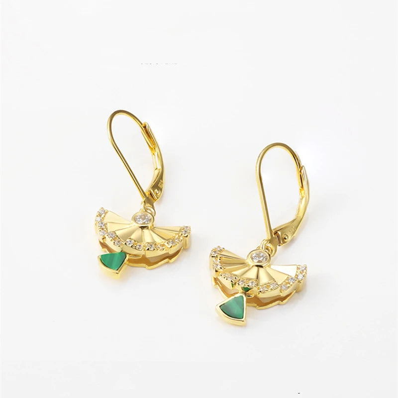 Silver Gold Plated Natural Malachite Dangle Earrings with Zircon, Geometric Fan Shape For Women