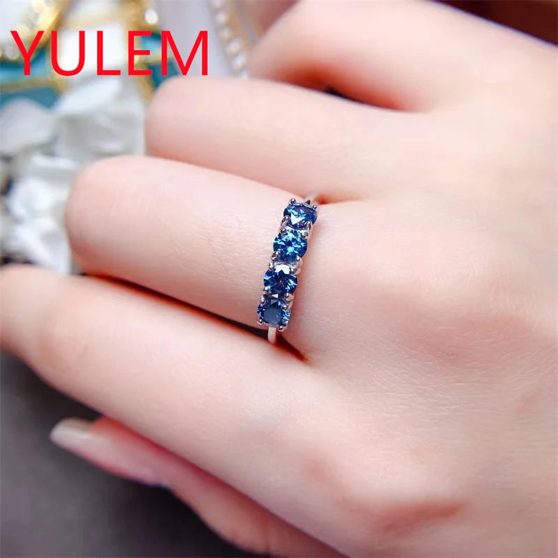 925 Sterling Silver Blue Moissanite Band Ring for Women