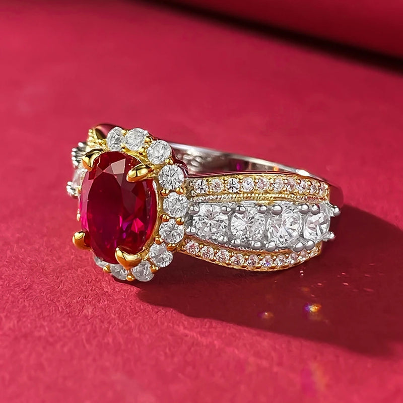 18K Gold Plated Sterling Silver Oval Ruby and Diamond Ring for Women