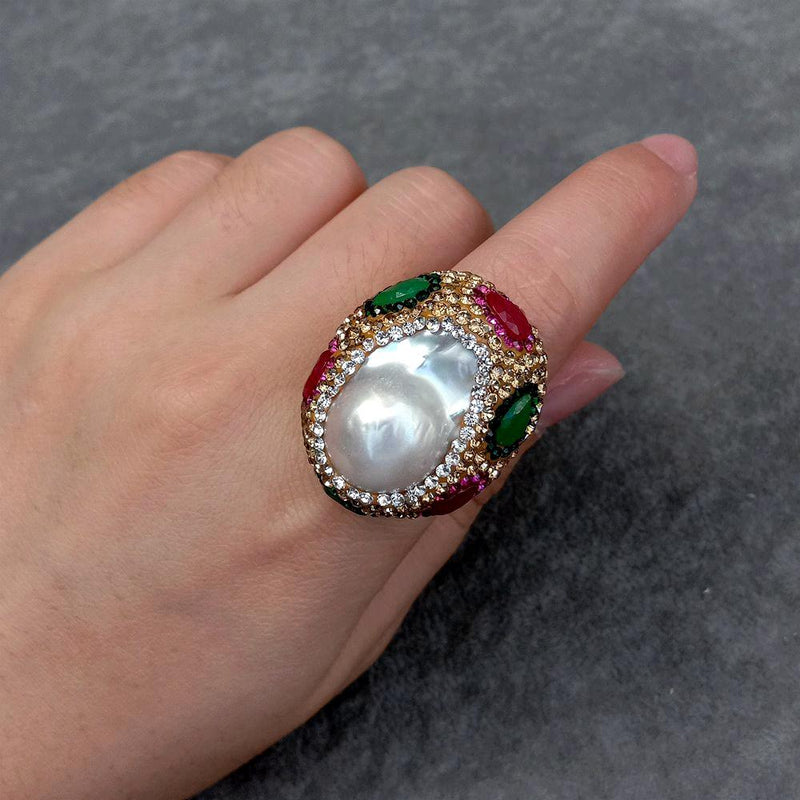 Y.YING Freshwater Cultured White Keshi Pearl Crystal Pave Ring For Engagement Women Gift