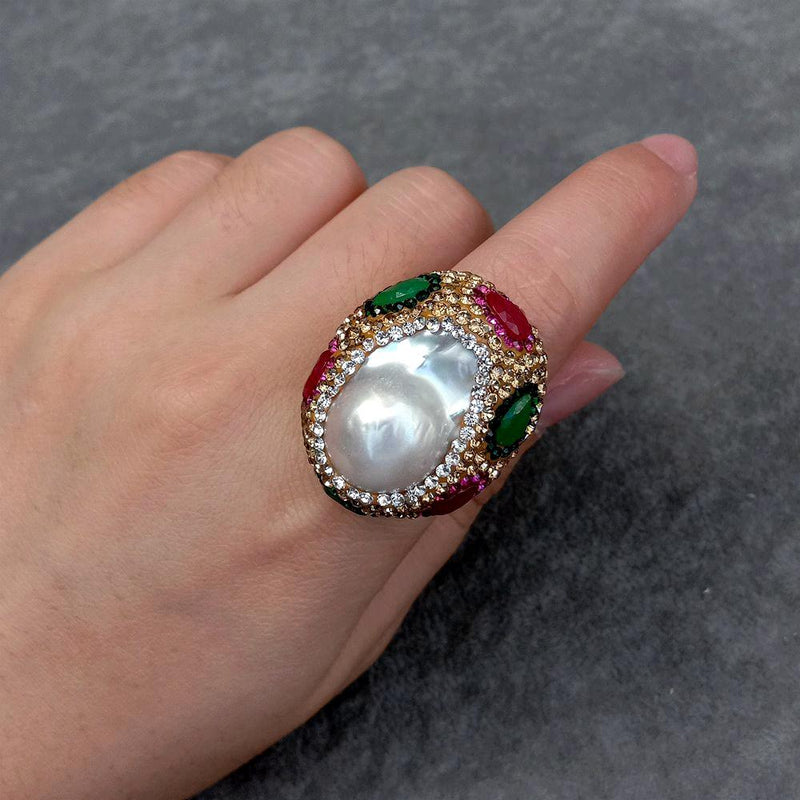 Sterling Silver White Keshi Pearl Crystal Ring for Women