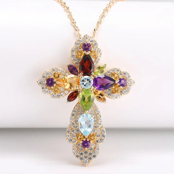 925 Silver Multicolor Gemstone Big Cross Pendant for Women Girls