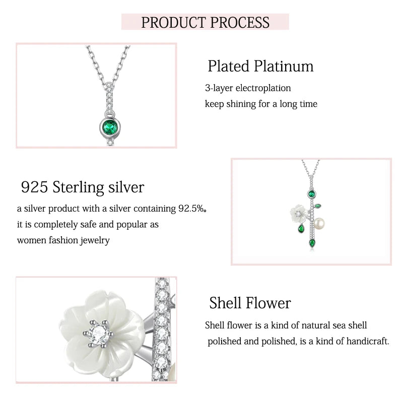 925 Sterling Silver Shell Flower Zircon Pearl Necklace for Women