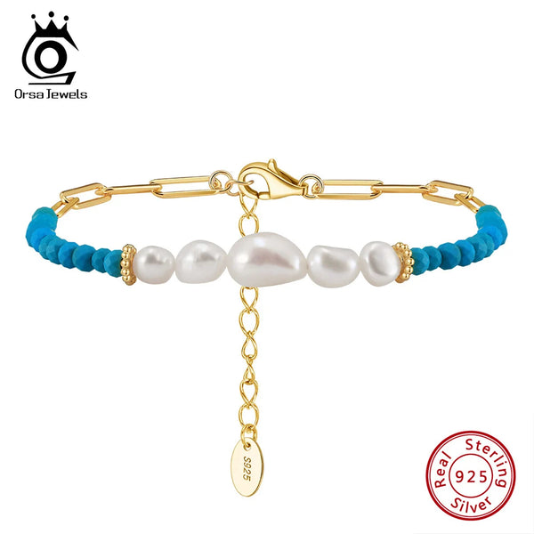 14K Gold & Sterling Silver Turquoise & Pearl Chain Bracelet for Women