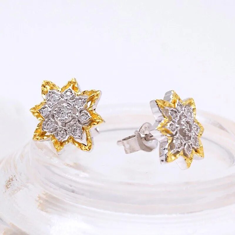 925 Sterling Silver Gold Plated Snowflake Zircon Stud Earrings for Women