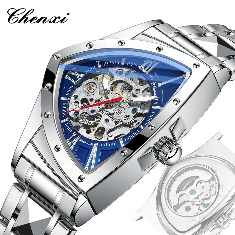 Stainless Steel Automatic Triangle Mechanical Luminous Waterproof Watch for Men