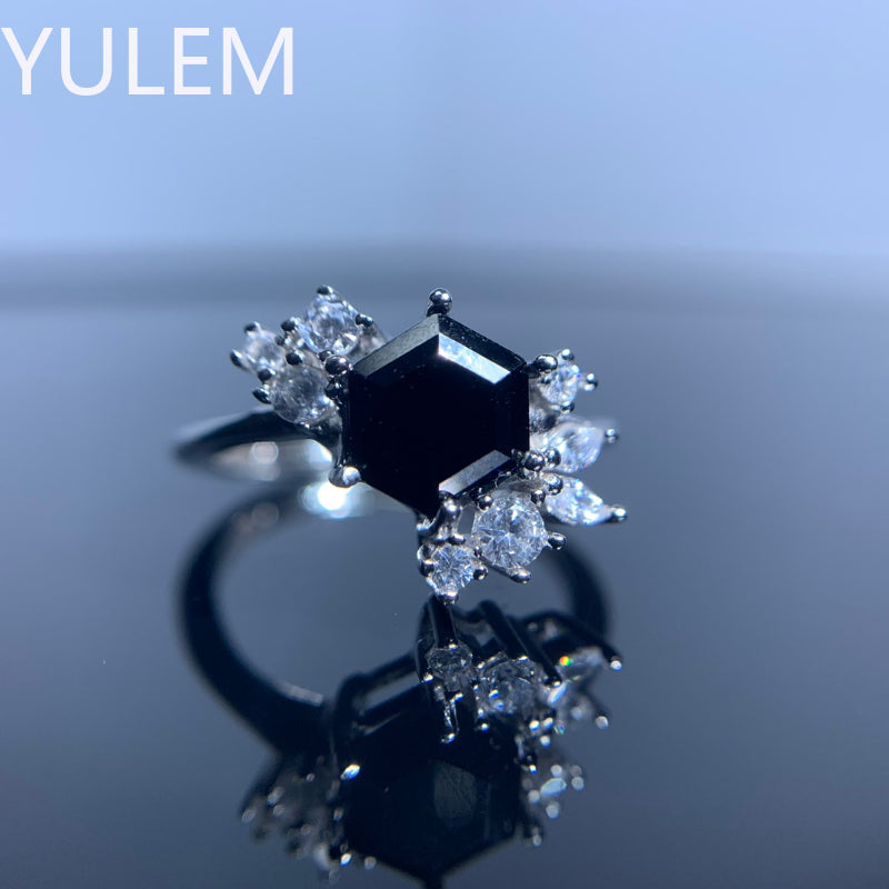 925 Sterling Silver Natural Hexagon Black Spinel Flower Ring for Women