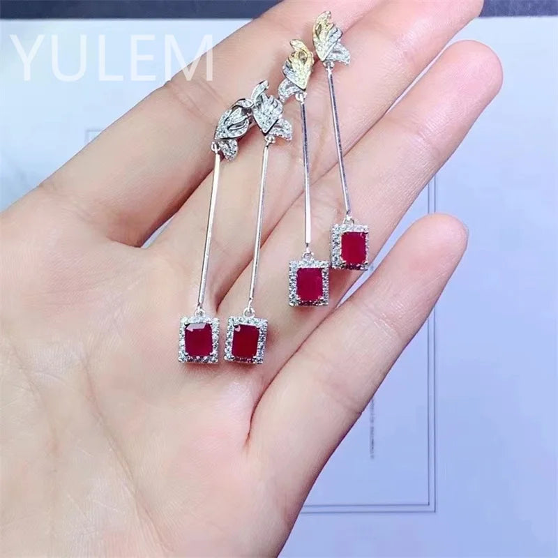 Silver (925) Pigeon Blood Ruby Drop Earrings (4x5mm) for Women