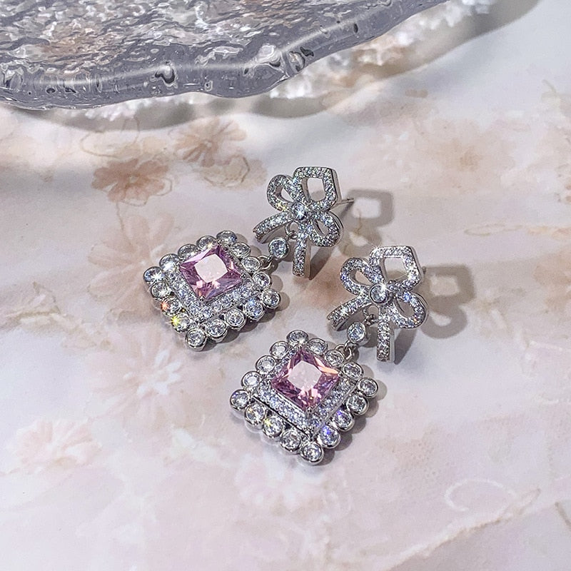 925 Silver Pink Diamond (Square Inlaid) Bow Earrings for Women