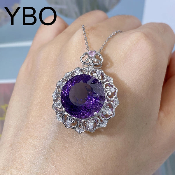 925 Sterling Silver Amethyst Round Pendant Necklace for Women