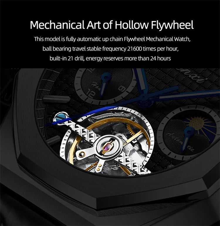 Stainless Steel Sun Moon and Stars Luminous Mechanical Watch for Men