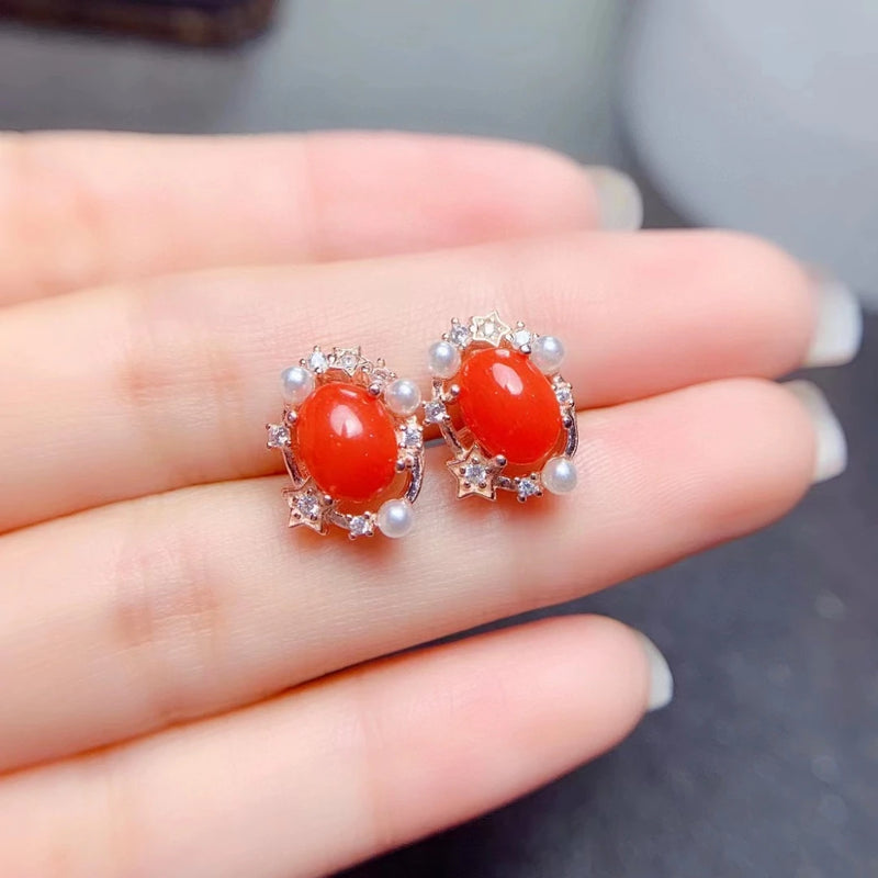 925 Sterling Silver Natural Red Coral Flower 3-Piece Jewelry Set for Women