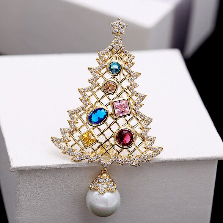 Sterling Silver Multi-color Zircon Christmas Tree Brooch Pin for Women