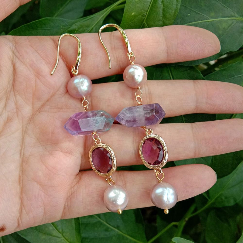 Y.YING Drop Earrings For Women Cultured Purple Pearl Amethyst Double Point Dangle Earrings Handmade Jewelry
