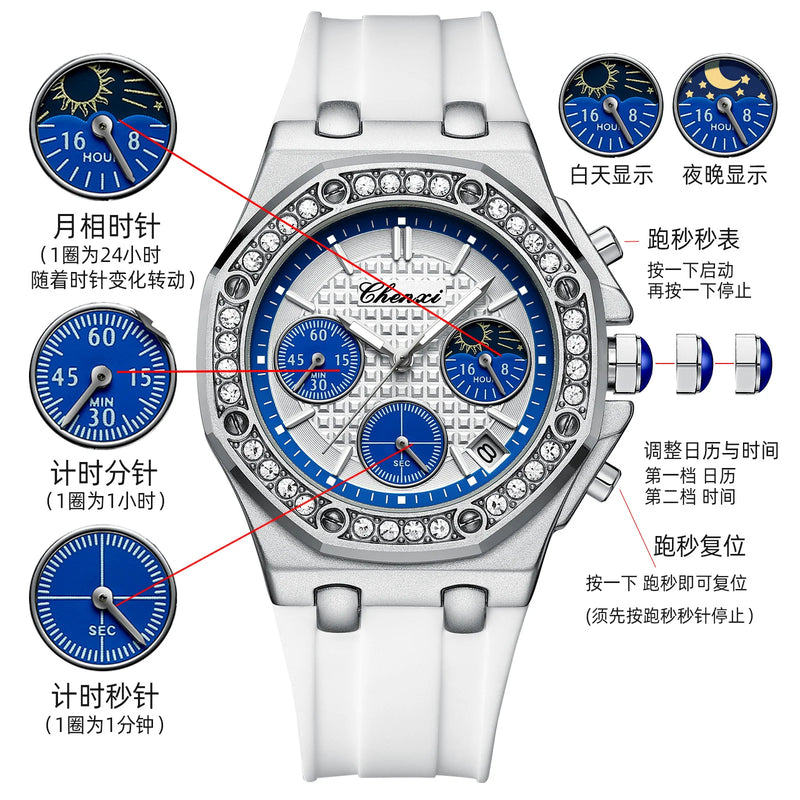 Silicone Quartz Moonlight Phase Timing Calendar Watch for Women