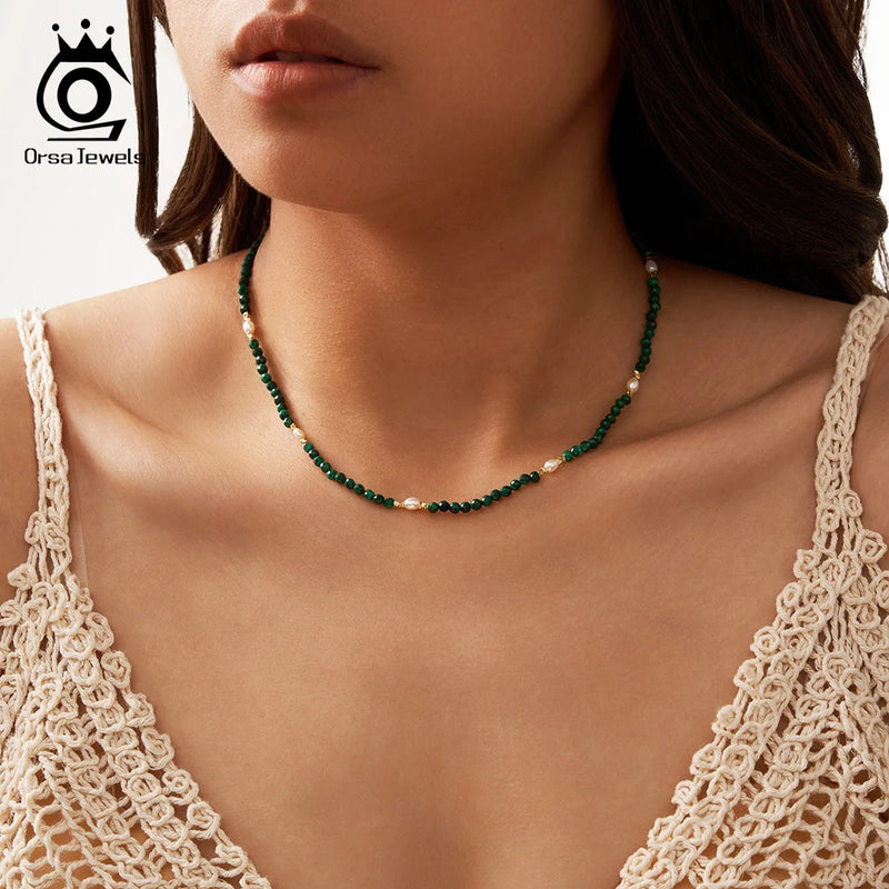 925 Silver Green Malachite & Freshwater Pearls Beaded Collar Necklace for Women