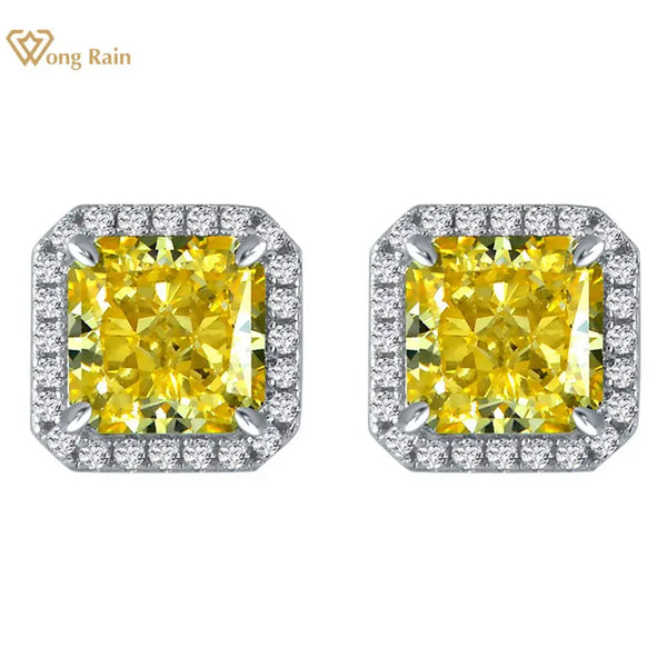 Wong Rain 925 Sterling Silver Crushed Ice Cut 7*7MM Citrine High Carbon Diamonds Gemstone Ear Studs Earrings Jewelry Wholesale