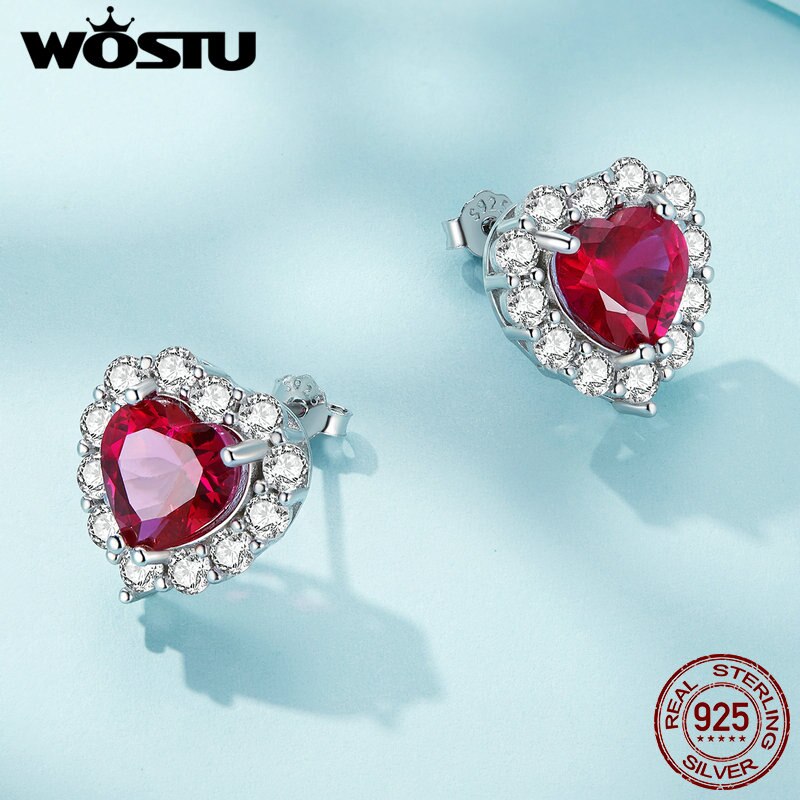 925 Sterling Silver Ruby Red Zircon Heart Stud Earrings for Women